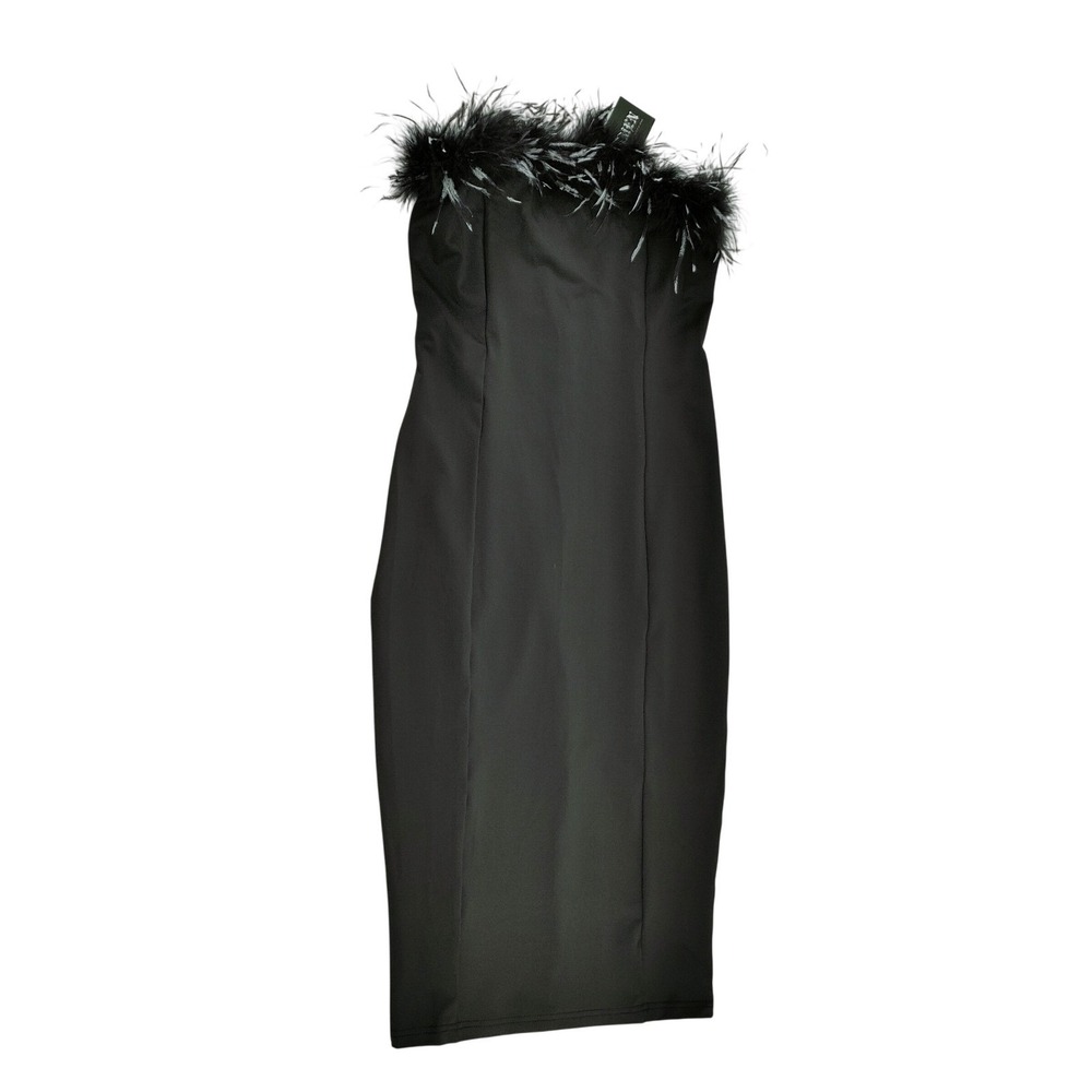 CYCLAMEN Black Feather Trim Strapless Bodycon Midi Dress Size S